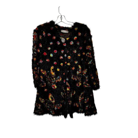 Simply Couture Long Swing Bottom Feather Like Cardigan Black Multicolored Sz S - Picture 11 of 14
